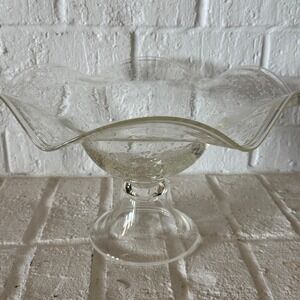 Murano Style Bubble Glass Pedestal Bowl Ruffled Rim Compote Vintage Clear